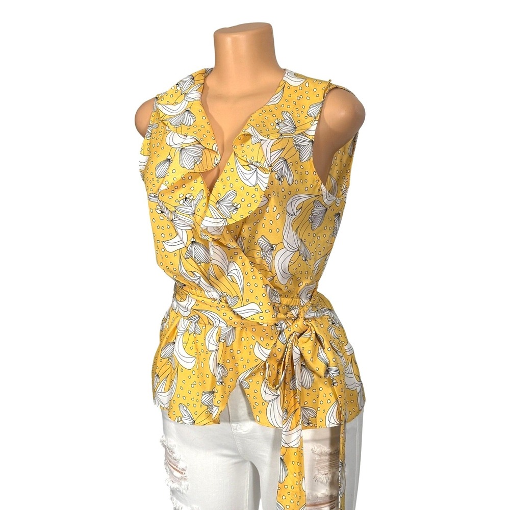 Max Studio Womens Yellow Floral‎ Polka Dot Ruffle Wrap Peplum Top Sleeveless S